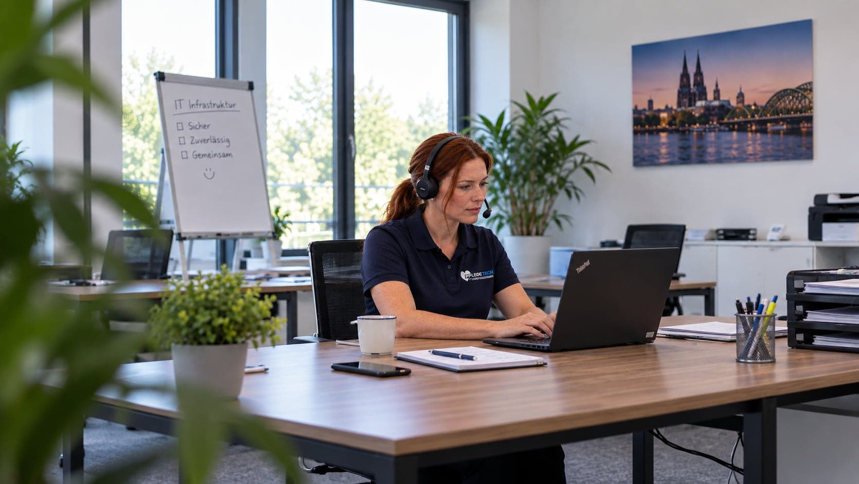 Frau mit Headset arbeitet am Laptop in einem hellen Büro.