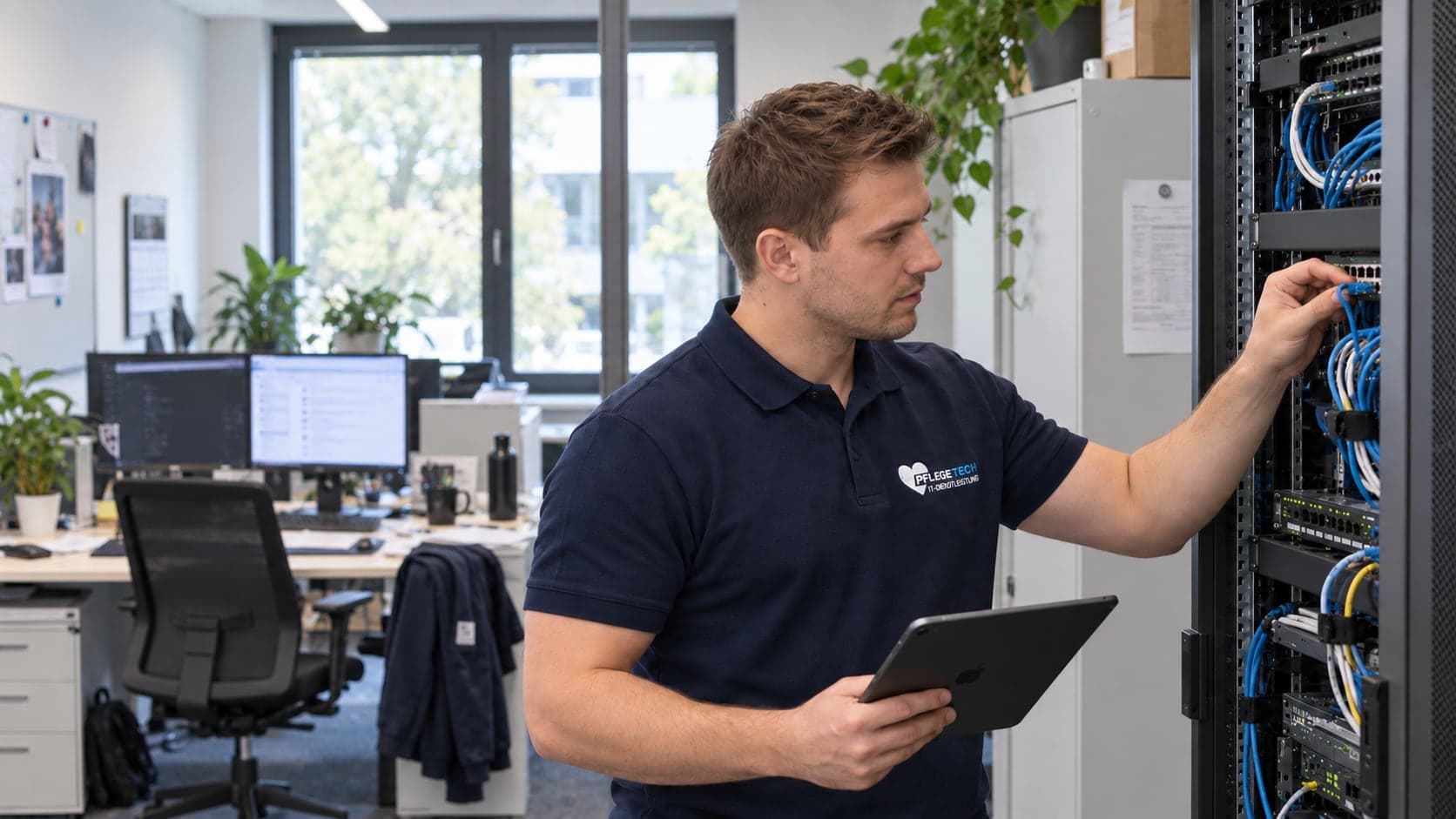 Techniker mit Tablet an einem Serverschrank.