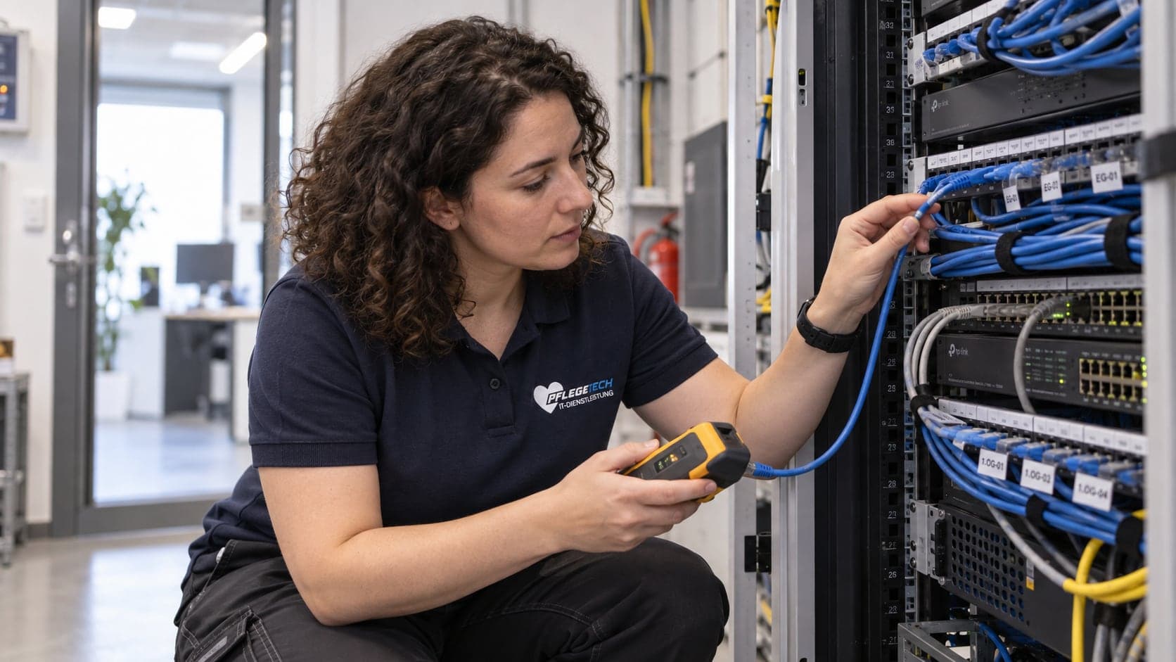Technikerin prüft die Verkabelung in einem Netzwerkschrank.