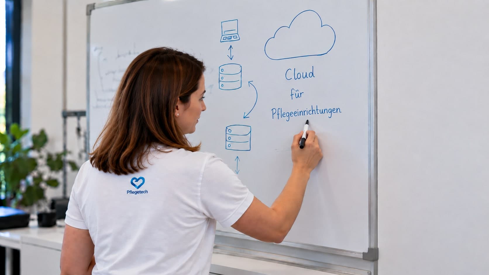 Pflegetech-Mitarbeiterin skizziert am Whiteboard die Cloud für Pflegeeinrichtungen.